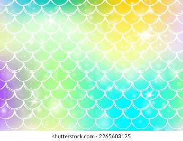 Rainbow scales background with kawaii mermaid princess pattern. Fish tail banner with magic sparkles and stars. Sea fantasy invitation for girlie party. Futuristic backdrop with rainbow scales.