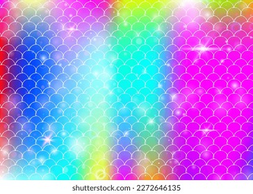 Rainbow scales background with kawaii mermaid princess pattern. Fish tail banner with magic sparkles and stars. Sea fantasy invitation for girlie party. Pearlescent backdrop with rainbow scales.