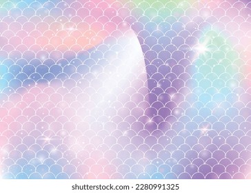 Rainbow scales background with kawaii mermaid princess pattern. Fish tail banner with magic sparkles and stars. Sea fantasy invitation for girlie party. Pearlescent backdrop with rainbow scales.