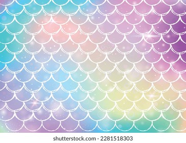 Rainbow scales background with kawaii mermaid princess pattern. Fish tail banner with magic sparkles and stars. Sea fantasy invitation for girlie party. Colorful backdrop with rainbow scales.
