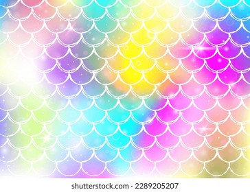 Rainbow scales background with kawaii mermaid princess pattern. Fish tail banner with magic sparkles and stars. Sea fantasy invitation for girlie party. Neon backdrop with rainbow scales.