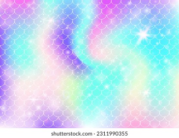 Rainbow scales background with kawaii mermaid princess pattern. Fish tail banner with magic sparkles and stars. Sea fantasy invitation for girlie party. Colorful backdrop with rainbow scales.