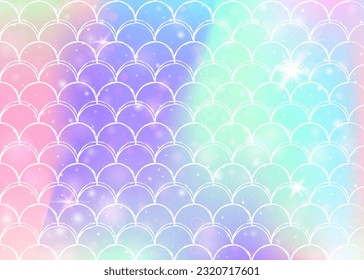 Rainbow scales background with kawaii mermaid princess pattern. Fish tail banner with magic sparkles and stars. Sea fantasy invitation for girlie party. Bright backdrop with rainbow scales.