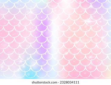 Rainbow scales background with kawaii mermaid princess pattern. Fish tail banner with magic sparkles and stars. Sea fantasy invitation for girlie party. Futuristic backdrop with rainbow scales.