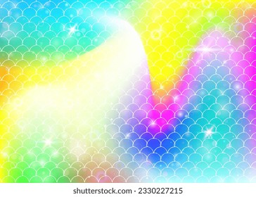 Rainbow scales background with kawaii mermaid princess pattern. Fish tail banner with magic sparkles and stars. Sea fantasy invitation for girlie party. Trendy backdrop with rainbow scales.