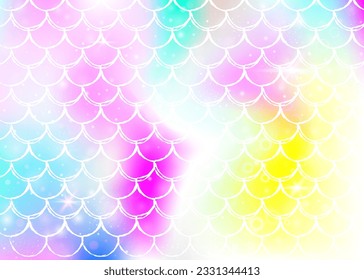 Rainbow scales background with kawaii mermaid princess pattern. Fish tail banner with magic sparkles and stars. Sea fantasy invitation for girlie party. Iridescent backdrop with rainbow scales.