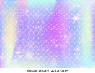 Rainbow scales background with kawaii mermaid princess pattern. Fish tail banner with magic sparkles and stars. Sea fantasy invitation for girlie party. Vibrant backdrop with rainbow scales.
