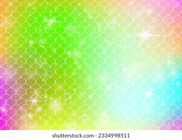 Rainbow scales background with kawaii mermaid princess pattern. Fish tail banner with magic sparkles and stars. Sea fantasy invitation for girlie party. Neon backdrop with rainbow scales.