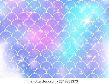 Rainbow scales background with kawaii mermaid princess pattern. Fish tail banner with magic sparkles and stars. Sea fantasy invitation for girlie party. Spectrum backdrop with rainbow scales.