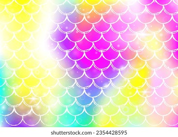 Rainbow scales background with kawaii mermaid princess pattern. Fish tail banner with magic sparkles and stars. Sea fantasy invitation for girlie party. Spectrum backdrop with rainbow scales.