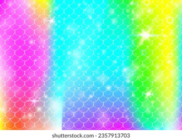 Rainbow scales background with kawaii mermaid princess pattern. Fish tail banner with magic sparkles and stars. Sea fantasy invitation for girlie party. Pearlescent backdrop with rainbow scales.