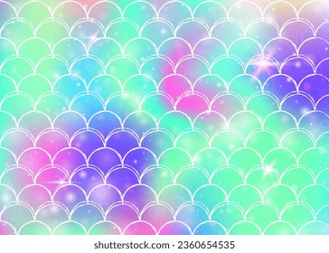 Rainbow scales background with kawaii mermaid princess pattern. Fish tail banner with magic sparkles and stars. Sea fantasy invitation for girlie party. Creative backdrop with rainbow scales.