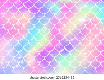 Rainbow scales background with kawaii mermaid princess pattern. Fish tail banner with magic sparkles and stars. Sea fantasy invitation for girlie party. Bright backdrop with rainbow scales.