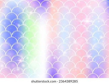 Rainbow scales background with kawaii mermaid princess pattern. Fish tail banner with magic sparkles and stars. Sea fantasy invitation for girlie party. Fluorescent backdrop with rainbow scales.