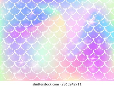 Rainbow scales background with kawaii mermaid princess pattern. Fish tail banner with magic sparkles and stars. Sea fantasy invitation for girlie party. Bright backdrop with rainbow scales.