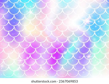 Rainbow scales background with kawaii mermaid princess pattern. Fish tail banner with magic sparkles and stars. Sea fantasy invitation for girlie party. Hipster backdrop with rainbow scales.
