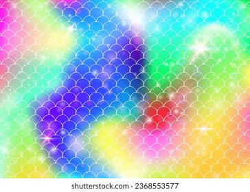 Rainbow scales background with kawaii mermaid princess pattern. Fish tail banner with magic sparkles and stars. Sea fantasy invitation for girlie party. Bright backdrop with rainbow scales.