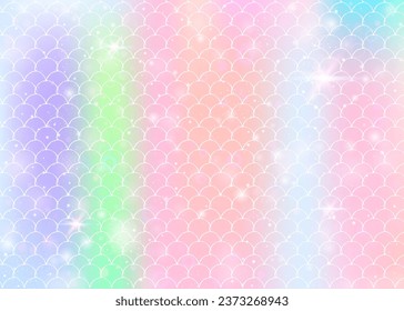 Rainbow scales background with kawaii mermaid princess pattern. Fish tail banner with magic sparkles and stars. Sea fantasy invitation for girlie party. Spectrum backdrop with rainbow scales.