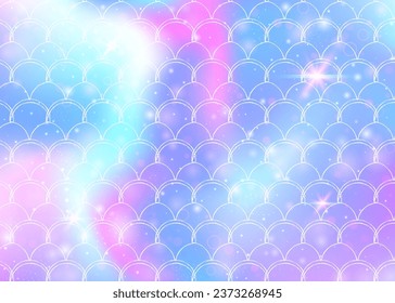 Rainbow scales background with kawaii mermaid princess pattern. Fish tail banner with magic sparkles and stars. Sea fantasy invitation for girlie party. Colorful backdrop with rainbow scales.