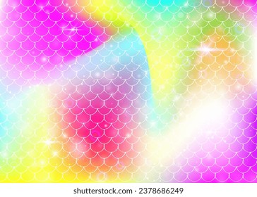 Rainbow scales background with kawaii mermaid princess pattern. Fish tail banner with magic sparkles and stars. Sea fantasy invitation for girlie party. Spectrum backdrop with rainbow scales.