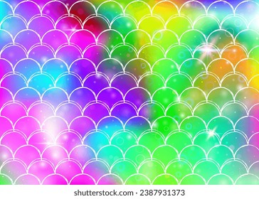 Rainbow scales background with kawaii mermaid princess pattern. Fish tail banner with magic sparkles and stars. Sea fantasy invitation for girlie party. Hipster backdrop with rainbow scales.