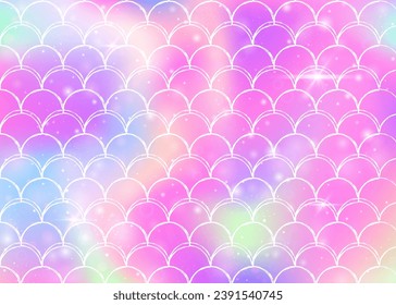 Rainbow scales background with kawaii mermaid princess pattern. Fish tail banner with magic sparkles and stars. Sea fantasy invitation for girlie party. Vibrant backdrop with rainbow scales.