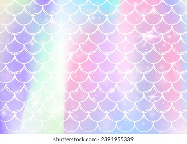 Rainbow scales background with kawaii mermaid princess pattern. Fish tail banner with magic sparkles and stars. Sea fantasy invitation for girlie party. Stylish backdrop with rainbow scales.