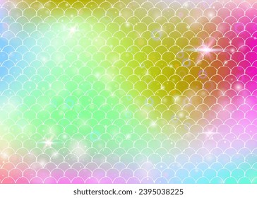 Rainbow scales background with kawaii mermaid princess pattern. Fish tail banner with magic sparkles and stars. Sea fantasy invitation for girlie party. Hipster backdrop with rainbow scales.