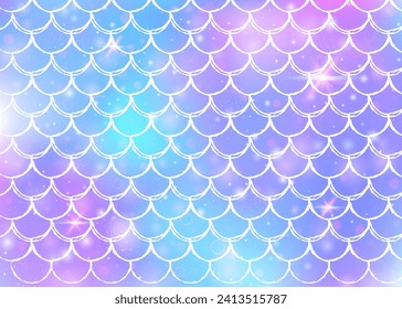 Rainbow scales background with kawaii mermaid princess pattern. Fish tail banner with magic sparkles and stars. Sea fantasy invitation for girlie party. Multicolor backdrop with rainbow scales.