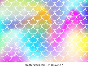 Rainbow scales background with kawaii mermaid princess pattern. Fish tail banner with magic sparkles and stars. Sea fantasy invitation for girlie party. Spectrum backdrop with rainbow scales.