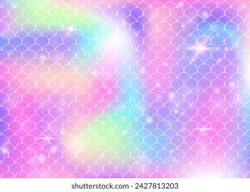 Rainbow scales background with kawaii mermaid princess pattern. Fish tail banner with magic sparkles and stars. Sea fantasy invitation for girlie party. Futuristic backdrop with rainbow scales.