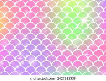 Rainbow scales background with kawaii mermaid princess pattern. Fish tail banner with magic sparkles and stars. Sea fantasy invitation for girlie party. Rainbow backdrop with rainbow scales.