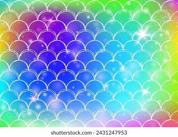 Rainbow scales background with kawaii mermaid princess pattern. Fish tail banner with magic sparkles and stars. Sea fantasy invitation for girlie party. Retro backdrop with rainbow scales.