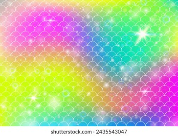 Rainbow scales background with kawaii mermaid princess pattern. Fish tail banner with magic sparkles and stars. Sea fantasy invitation for girlie party. Multicolor backdrop with rainbow scales.