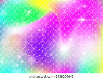 Rainbow scales background with kawaii mermaid princess pattern. Fish tail banner with magic sparkles and stars. Sea fantasy invitation for girlie party. Pearlescent backdrop with rainbow scales.