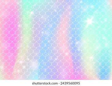 Rainbow scales background with kawaii mermaid princess pattern. Fish tail banner with magic sparkles and stars. Sea fantasy invitation for girlie party. Fluorescent backdrop with rainbow scales.