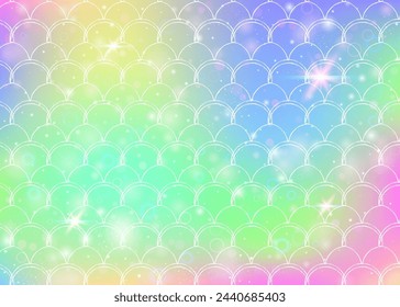 Fondo de escamas de arco iris con patrón de princesa sirena kawaii. Banner de cola de pescado con destellos mágicos y estrellas. Invitación de fantasía de mar para fiesta de chicas. Fondo futurista con escalas de arco iris.