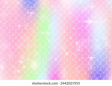 Fondo de escamas de arco iris con patrón de princesa sirena kawaii. Banner de cola de pescado con destellos mágicos y estrellas. Invitación de fantasía de mar para fiesta de chicas. Fondo vibrante con escalas de arco iris.