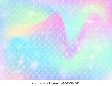 Fondo de escamas de arco iris con patrón de princesa sirena kawaii. Anuncio de cola de pescado con destellos mágicos y estrellas. Invitación de fantasía de mar para fiesta de chicas. Fondo vibrante con escalas de arco iris.