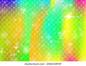 Fondo de escamas de arco iris con patrón de princesa sirena kawaii. Anuncio de cola de pescado con destellos mágicos y estrellas. Invitación de fantasía de mar para fiesta de chicas. Espectro de fondo con escalas de arco iris.