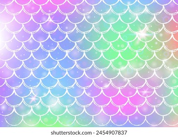 Rainbow scales background with kawaii mermaid princess pattern. Fish tail banner with magic sparkles and stars. Sea fantasy invitation for girlie party. Stylish backdrop with rainbow scales.