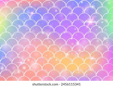 Fondo de escamas de arco iris con patrón de princesa sirena kawaii. Anuncio de cola de pescado con destellos mágicos y estrellas. Invitación de fantasía de mar para fiesta de chicas. Fondo multicolor con escalas de arco iris.