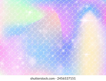 Rainbow scales background with kawaii mermaid princess pattern. Fish tail banner with magic sparkles and stars. Sea fantasy invitation for girlie party. Spectrum backdrop with rainbow scales.