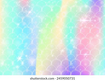 Fondo de escamas de arco iris con patrón de princesa sirena kawaii. Anuncio de cola de pescado con destellos mágicos y estrellas. Invitación de fantasía de mar para fiesta de chicas. Fondo futurista con escalas de arco iris.