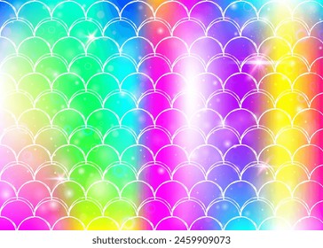 Rainbow scales background with kawaii mermaid princess pattern. Fish tail banner with magic sparkles and stars. Sea fantasy invitation for girlie party. Neon backdrop with rainbow scales.