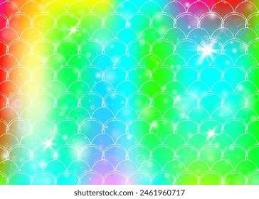 Rainbow scales background with kawaii mermaid princess pattern. Fish tail banner with magic sparkles and stars. Sea fantasy invitation for girlie party. Creative backdrop with rainbow scales.