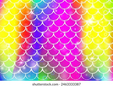 Fondo de escamas de arco iris con patrón de princesa sirena kawaii. Anuncio de cola de pescado con destellos mágicos y estrellas. Invitación de fantasía de mar para fiesta de chicas. Fondo colorido con escalas de arco iris.