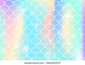 Fondo de escamas de arco iris con patrón de princesa sirena kawaii. Anuncio de cola de pescado con destellos mágicos y estrellas. Invitación de fantasía de mar para fiesta de chicas. Espectro de fondo con escalas de arco iris.