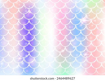 Fondo de escamas de arco iris con patrón de princesa sirena kawaii. Anuncio de cola de pescado con destellos mágicos y estrellas. Invitación de fantasía de mar para fiesta de chicas. Fondo de arco iris con escalas de arco iris.