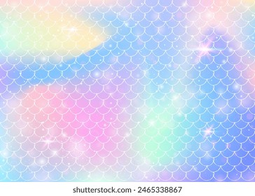 Rainbow scales background with kawaii mermaid princess pattern. Fish tail banner with magic sparkles and stars. Sea fantasy invitation for girlie party. Trendy backdrop with rainbow scales.